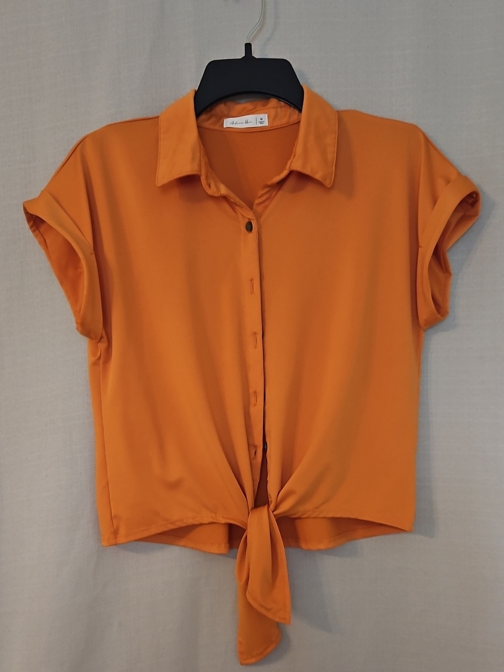 Active USA Orange Button-Front Tie Hem Shirt